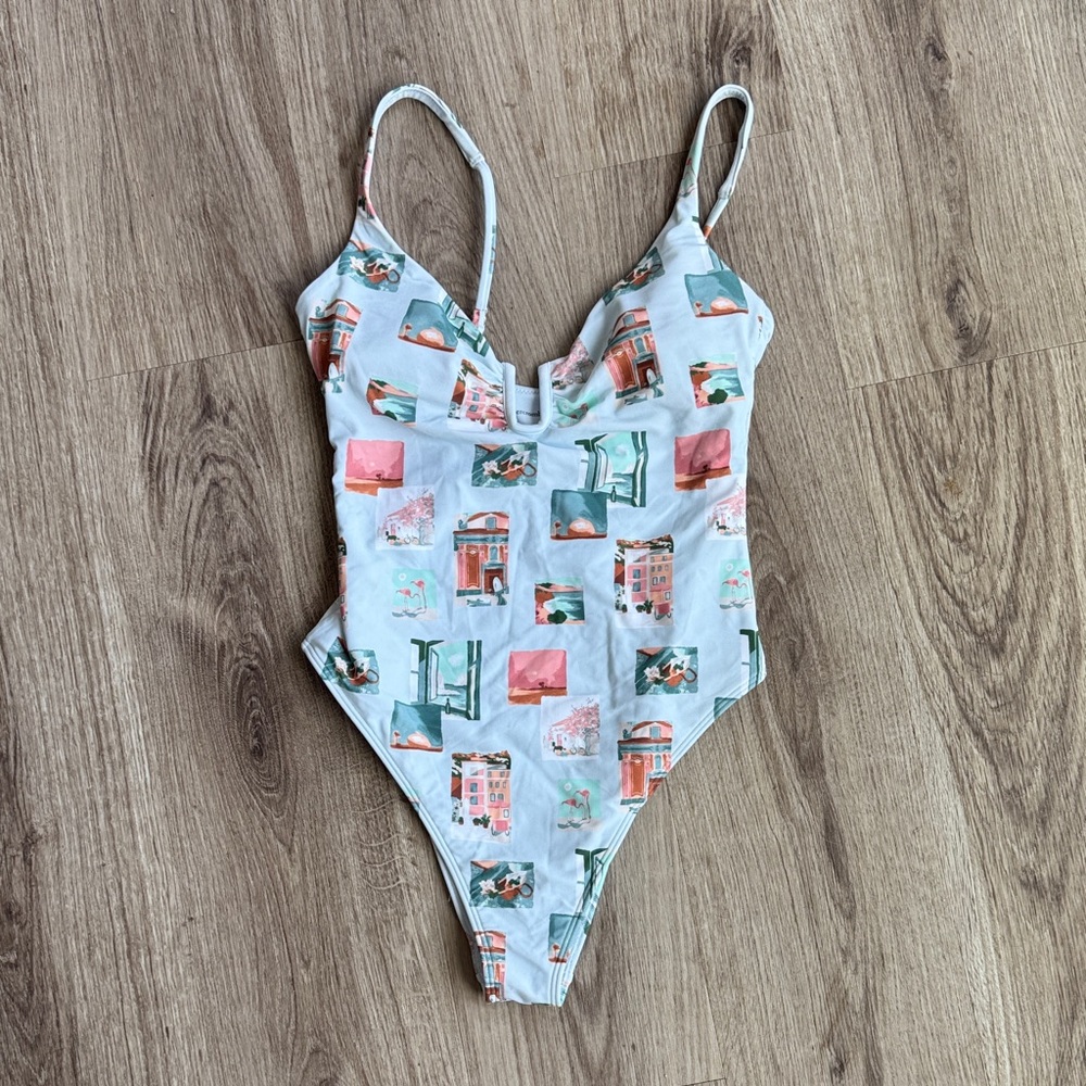 Abercrombie & Fitch White One‑Piece Swimsuit with Pink & Teal Prints